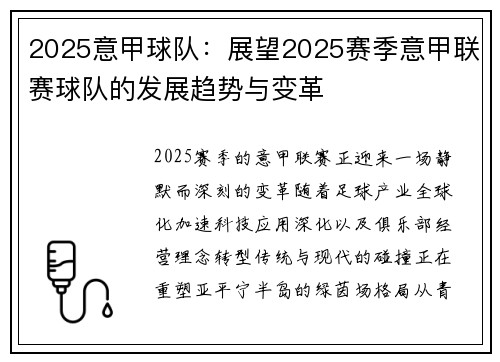 2025意甲球队：展望2025赛季意甲联赛球队的发展趋势与变革