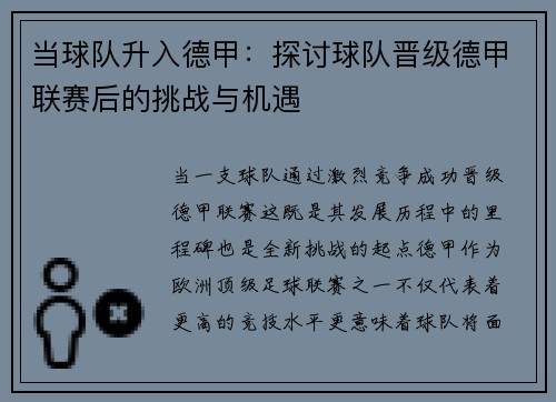 当球队升入德甲：探讨球队晋级德甲联赛后的挑战与机遇