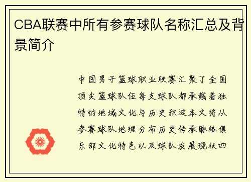 CBA联赛中所有参赛球队名称汇总及背景简介