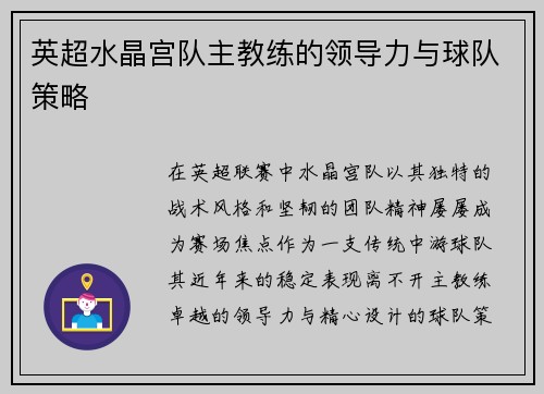 英超水晶宫队主教练的领导力与球队策略